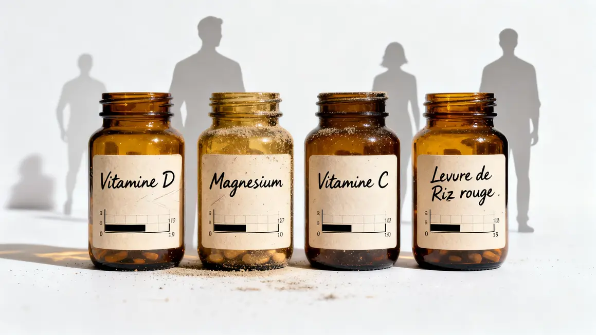 Flacons vitamines, tableau apports, pictogramme attention