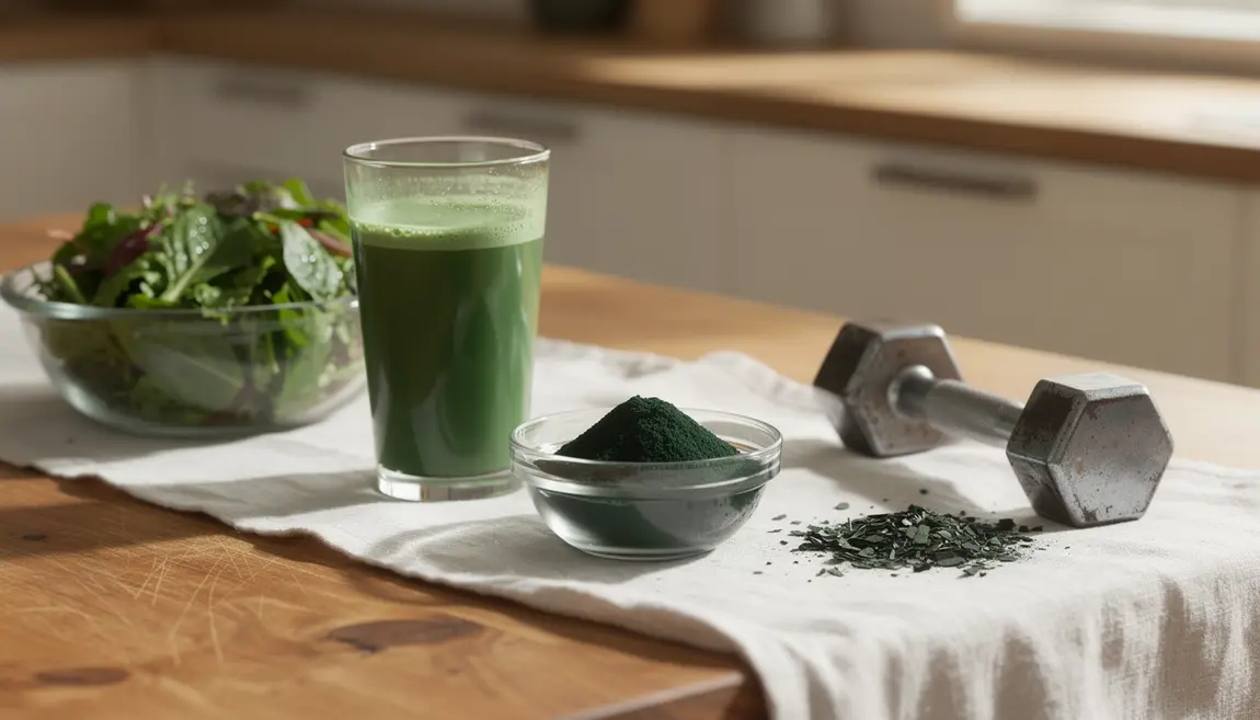bol de spiruline poudre smoothie saladier et haltere