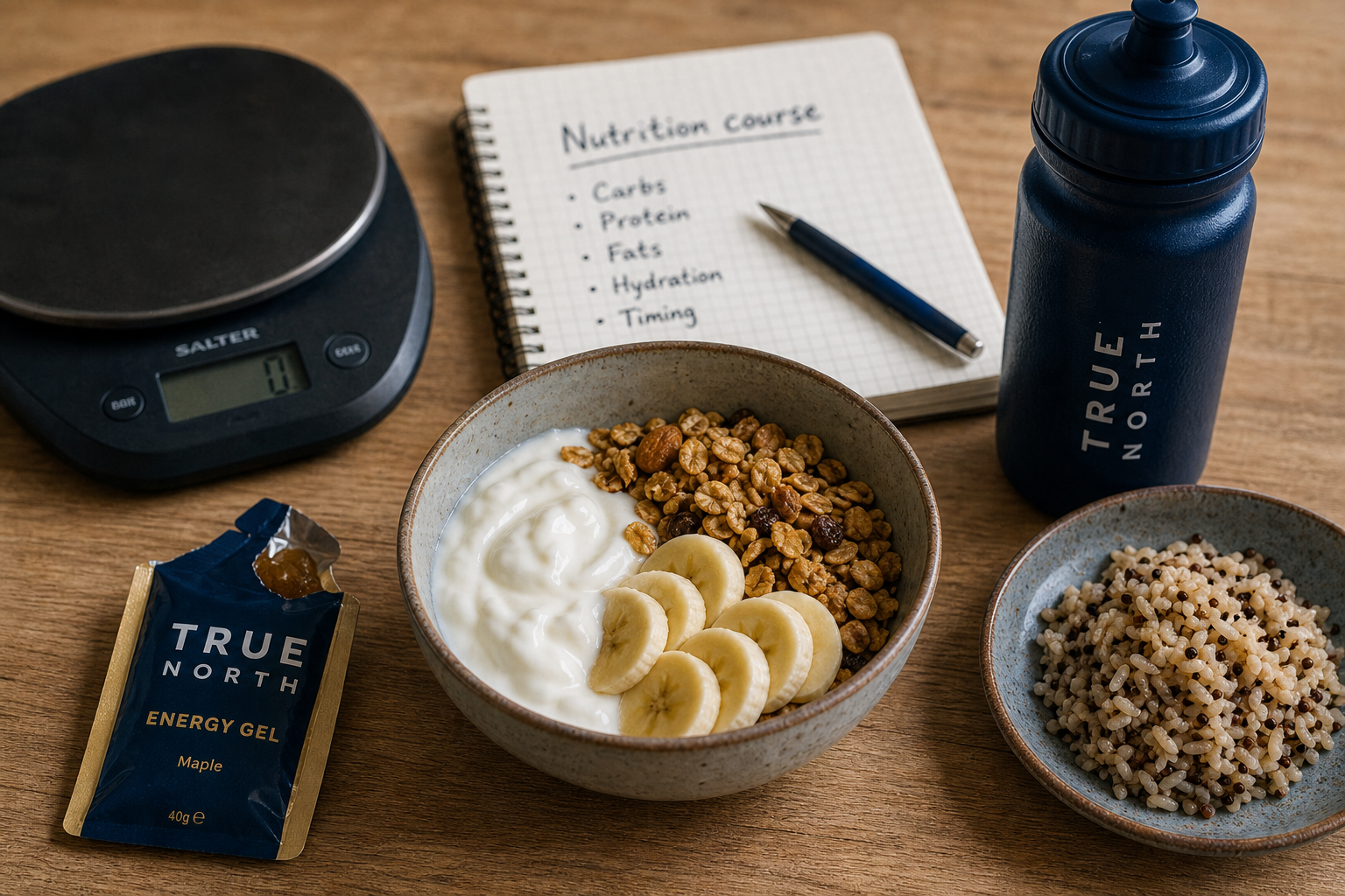Alimentation course a pied : bols yaourt, granola, banane et gel énergétique