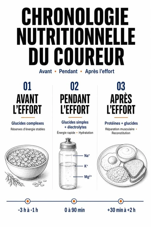 Infographie sur la stratégie nutritionnelle en course à pied : avant, pendant et après l'effort pour optimiser la performance.