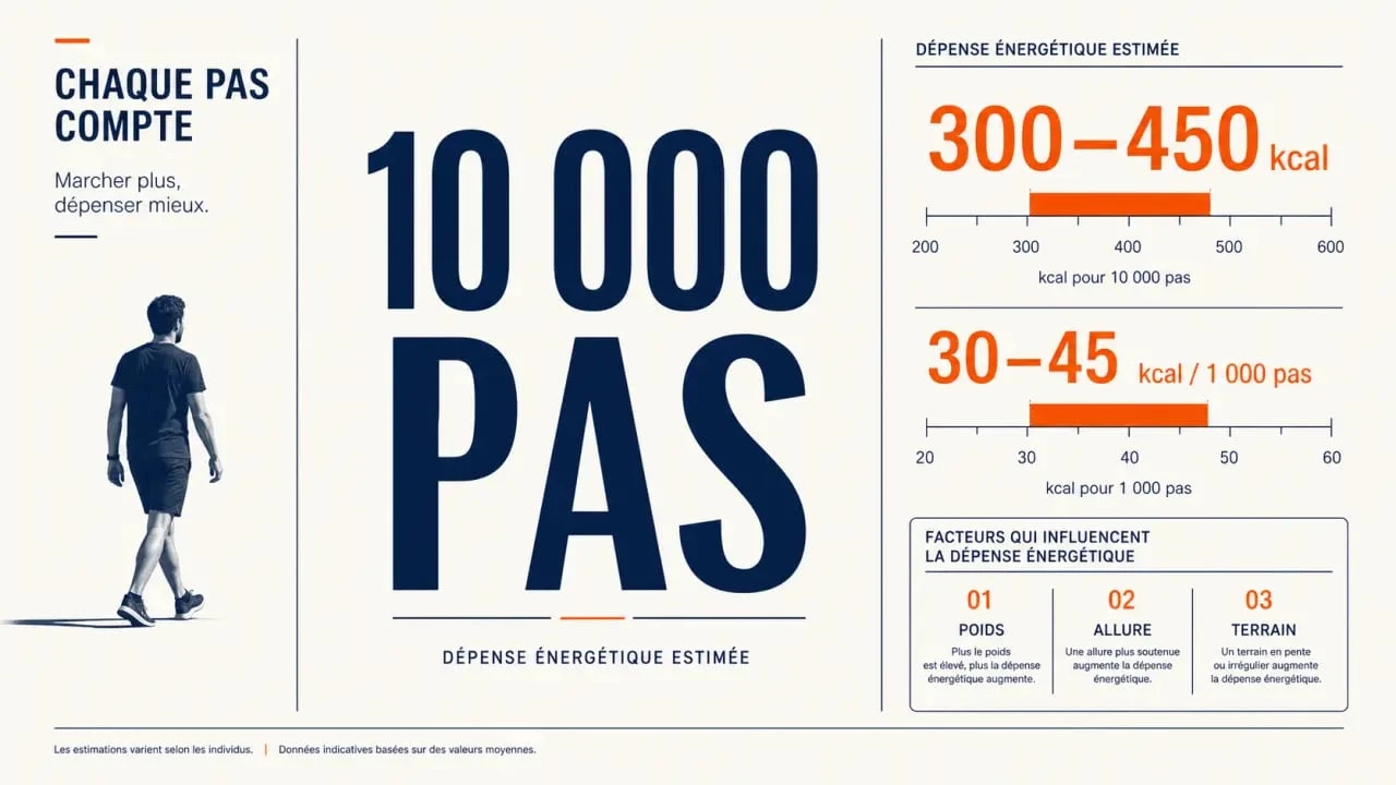 10 000 pas en calories : illustration éditoriale montrant une fourchette de 300 à 450 kcal selon le poids, l’allure et le terrain