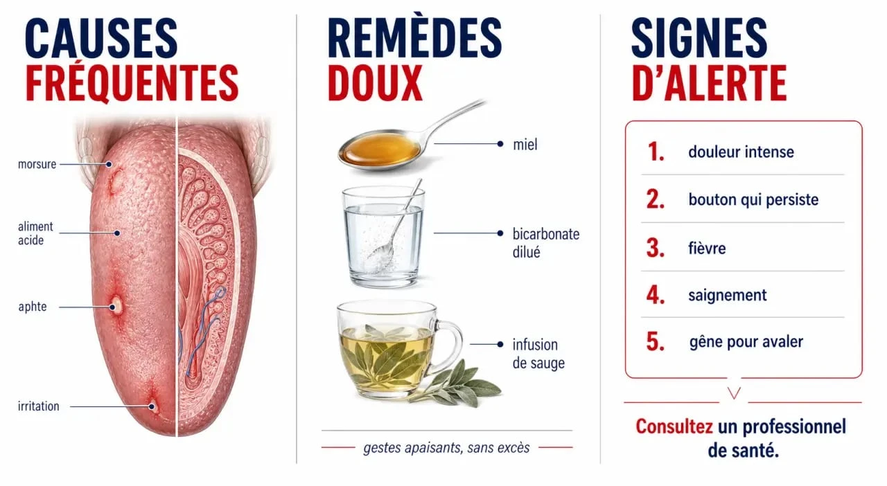 Bouton sur la langue remède naturel : causes, remèdes doux et signaux d’alerte en une illustration