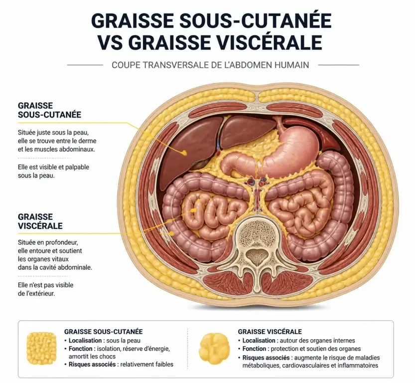Schéma anatomique comparatif entre graisse sous-cutanée et graisse viscérale pour comprendre l'indice de graisse viscérale.