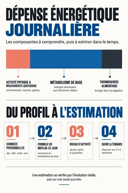 Infographie pour calculer la dépense énergétique et comprendre la répartition des calories quotidiennes