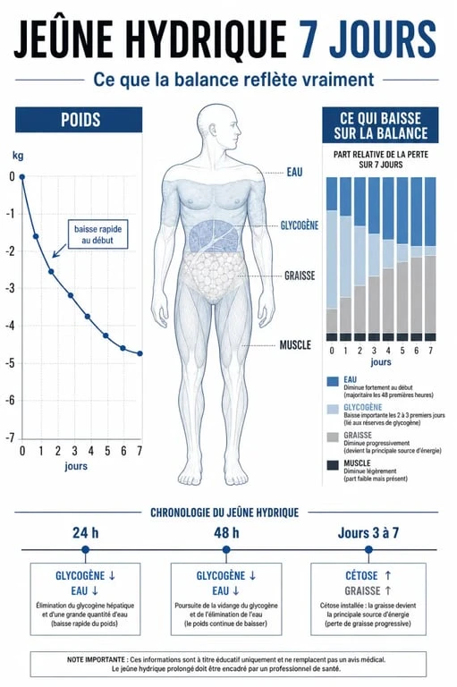 Infographie sur ne pas manger pendant 7 jours combien de kilos perdus, montrant eau, glycogène, graisse et muscle