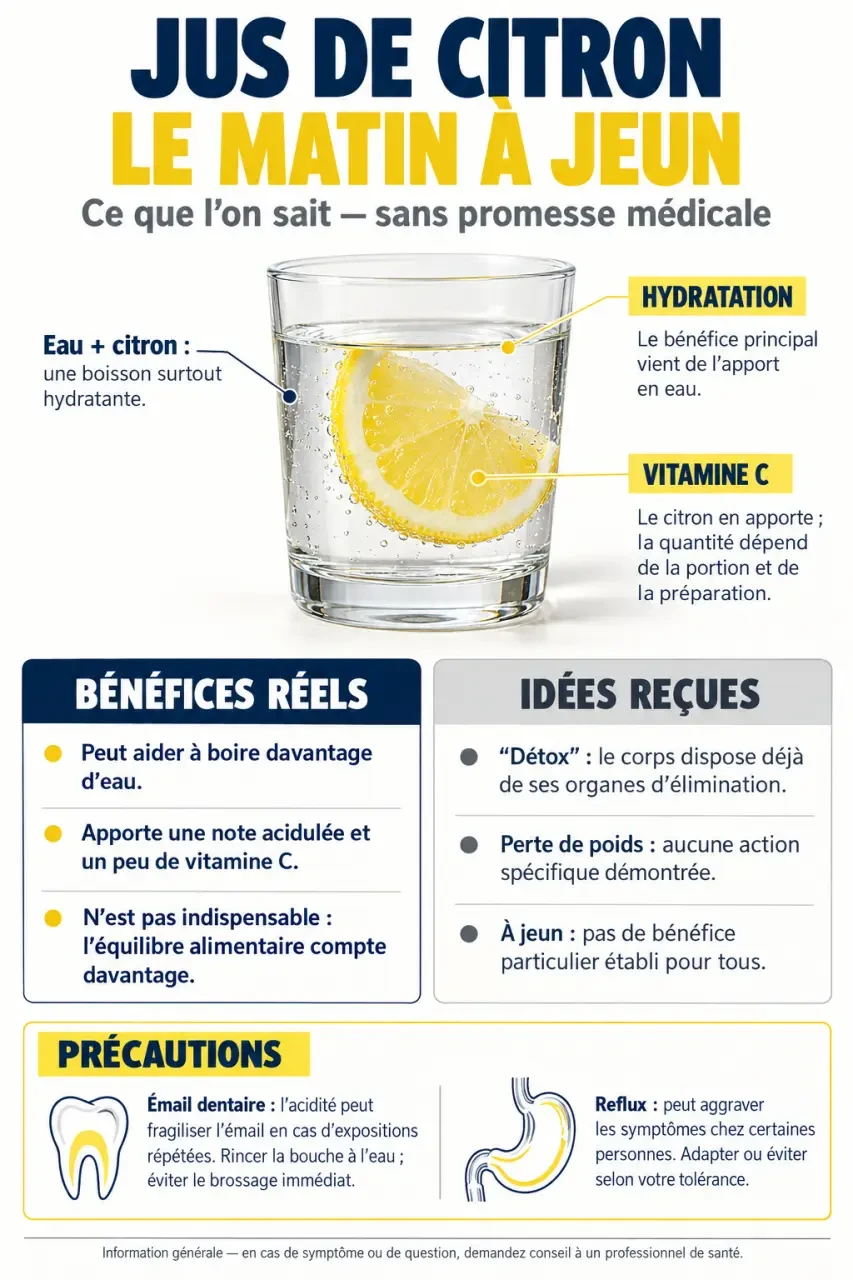 Infographie sur le jus de citron le matin à jeun, ses apports réels et ses précautions