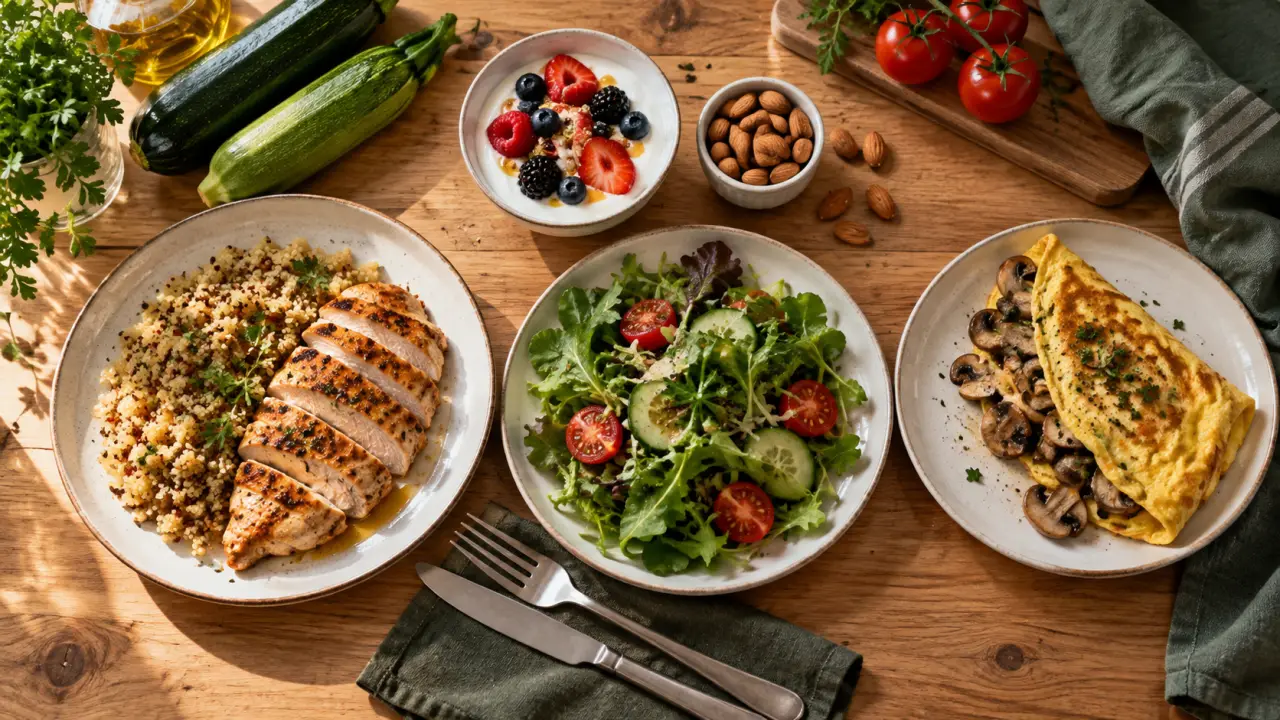 Menu regime proteine 2 semaines : poulet, quinoa, omelette et salade